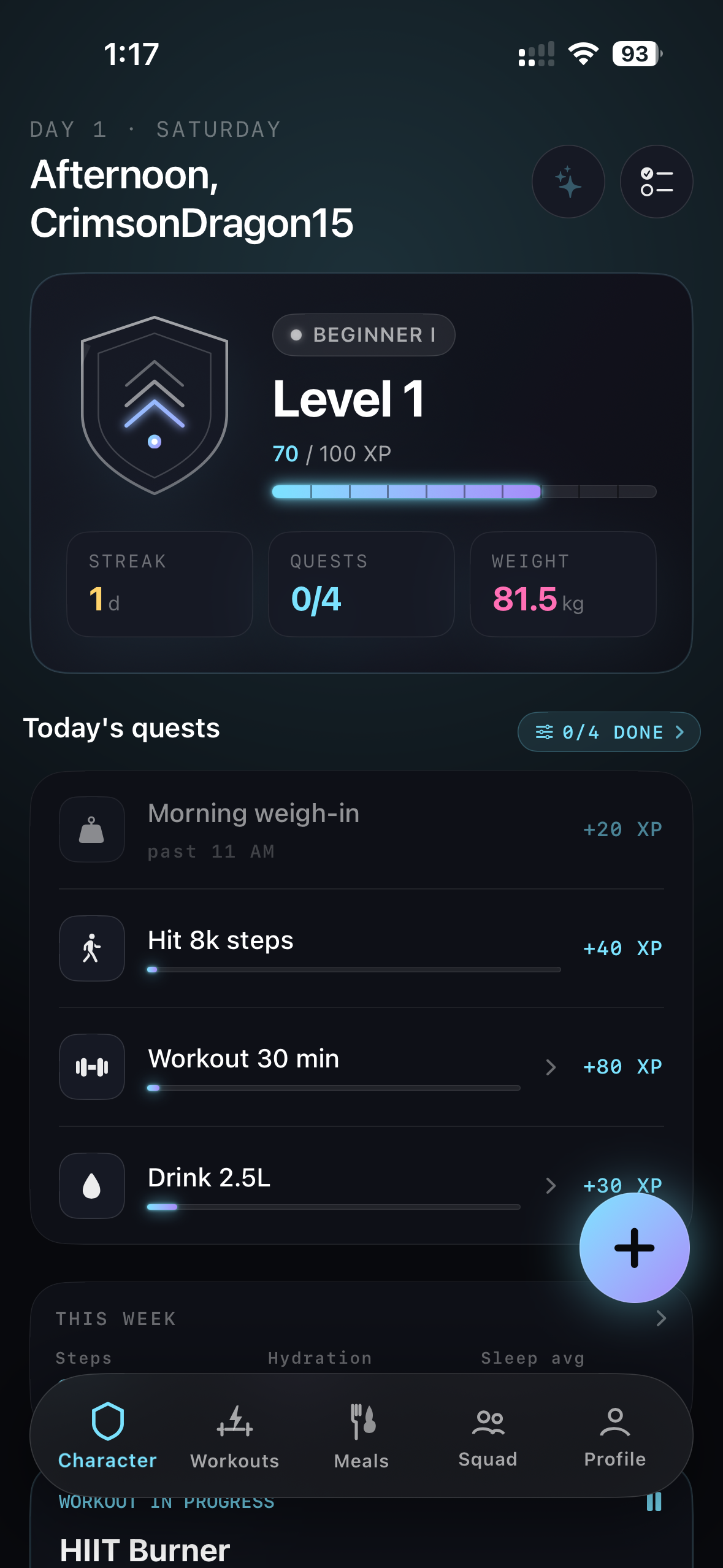 CrestoFit Home tab — Beginner I, Level 1, today's quests, Quick Log floating button.