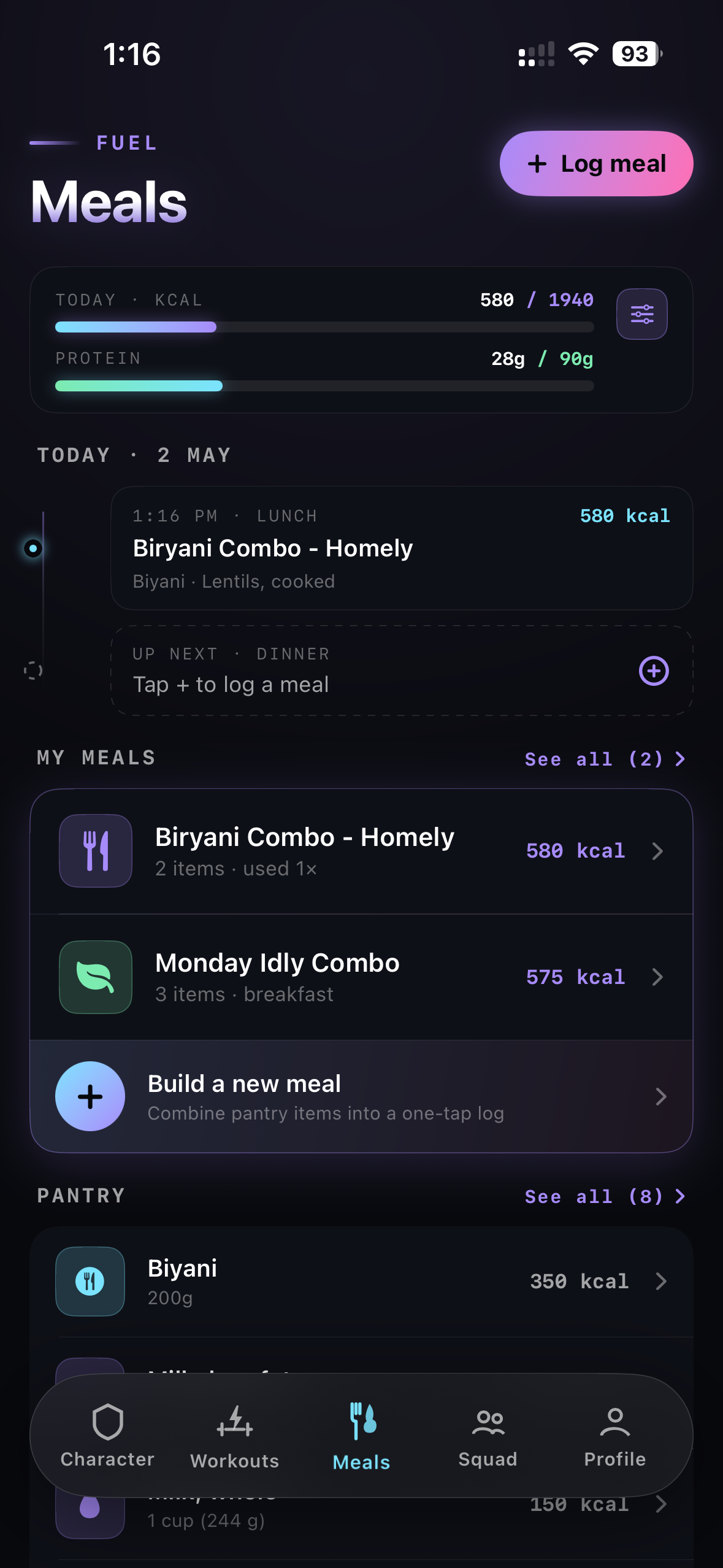 Meals tab — kcal + protein progress, today's meal log, Pantry.