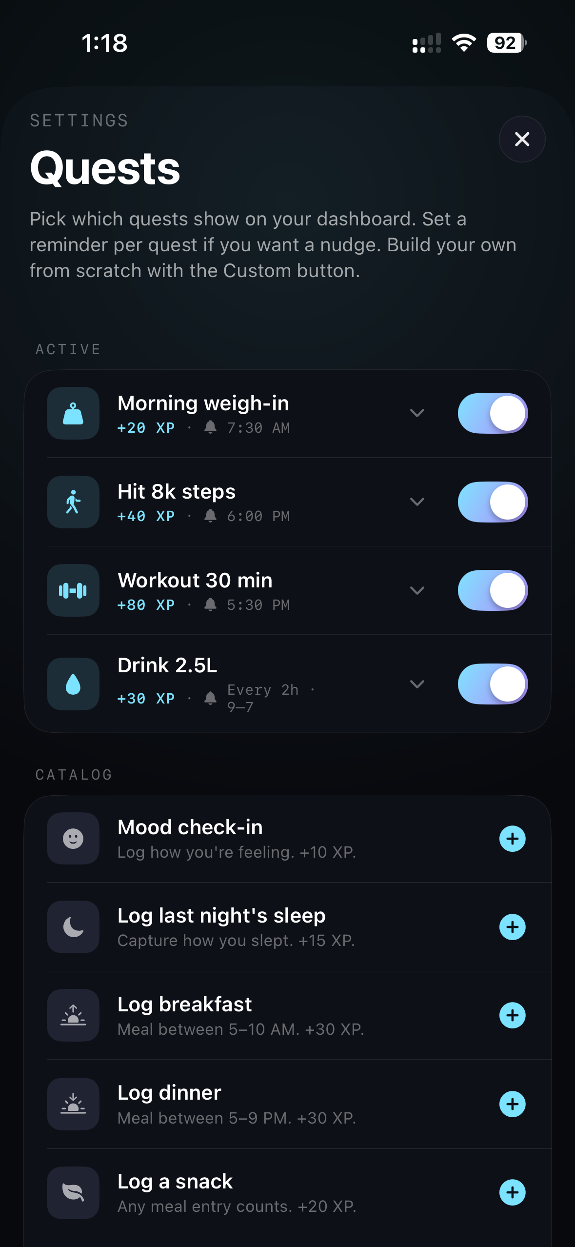 Quests settings — active quests with reminders, full catalog.