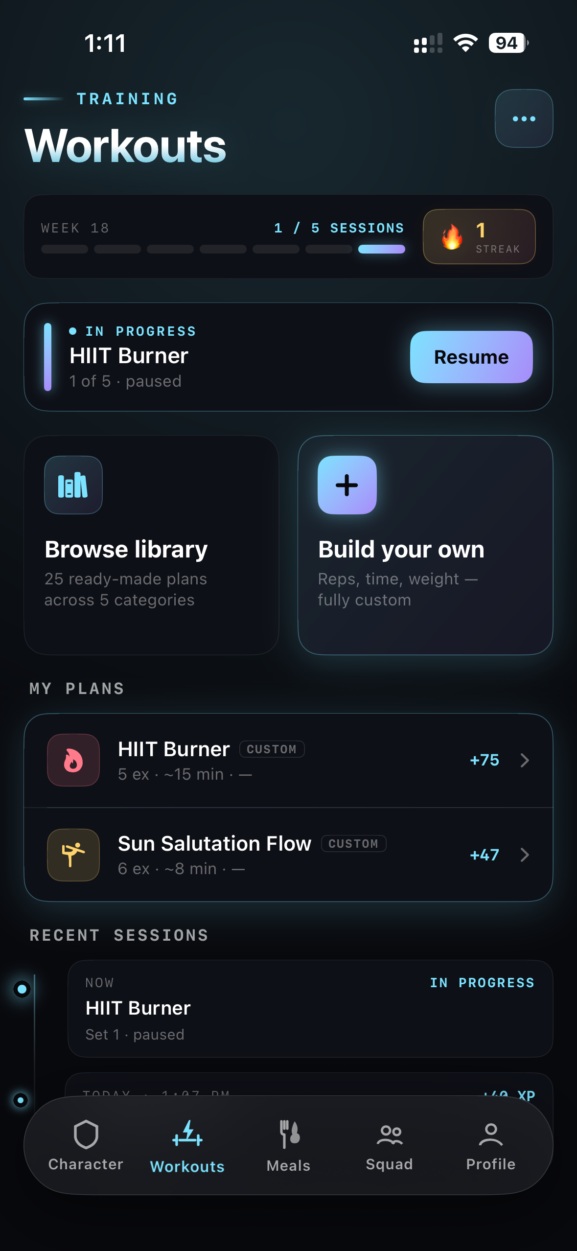 Workouts tab — current streak, in-progress HIIT Burner, custom plan list.